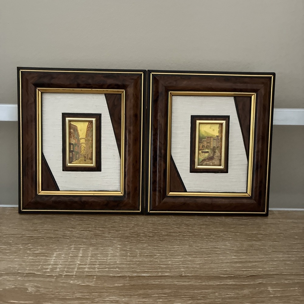 Pair Vtg‎ Italian "Creazioni Artistiche" Handmade Chromolithographs, 1"x1.75"